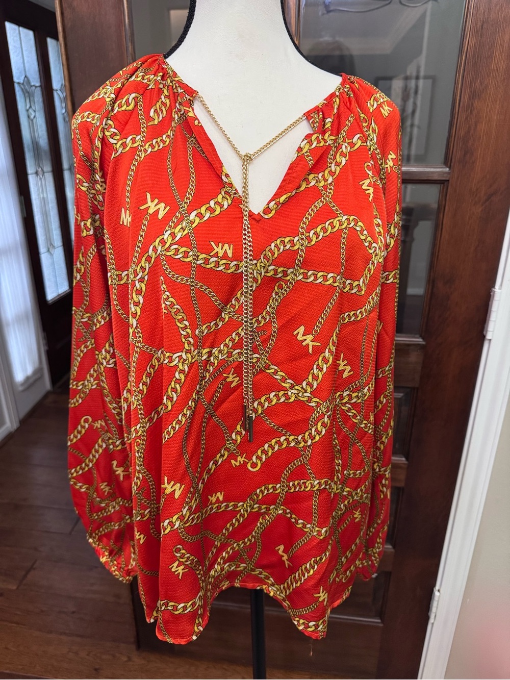 Michael Kors XL Orange Red Gold Chain Print Blouse Top